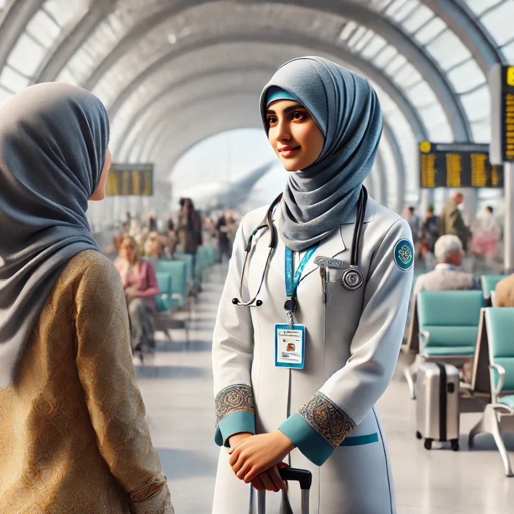 DALL·E 2025-01-22 20.15.22 - A photo-realistic image of an Arabic nurse in a busy modern airport, wearing a culturally appropriate uniform, including a hijab, with a stethoscope a